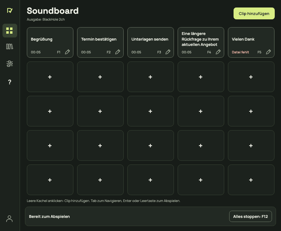 ROYVIRA Soundboard mit eigenen Clips, Tastenkürzeln und einer Aktion zum Stoppen.